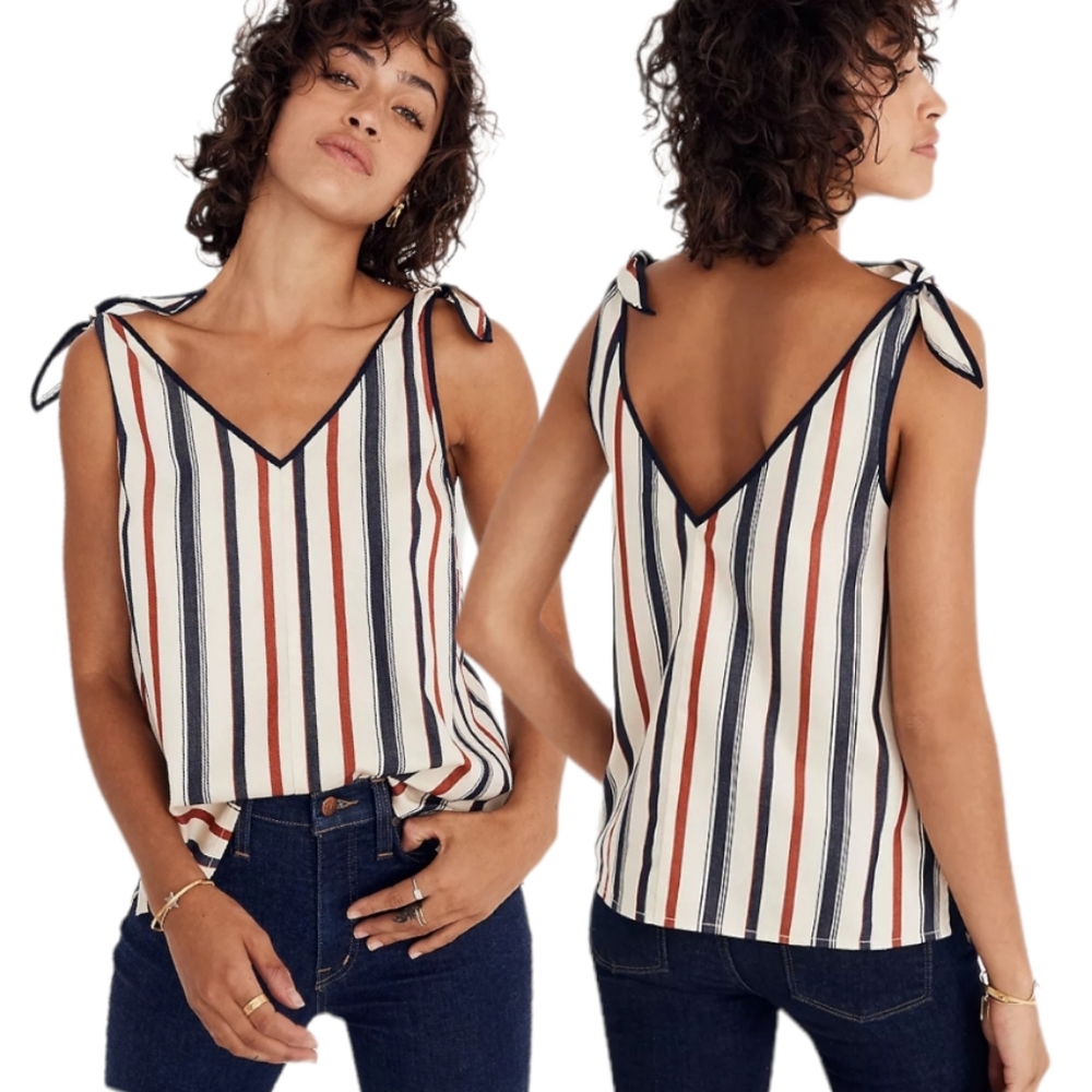 Madewell V Neck Cream Red And Blue Ace Stripe Tie Shoulder Strap Tank Top